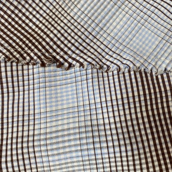 PrAna Short Sleeve Button Up Shirt Mens XL Brown Blue Plaid Raw Edge Detail - Picture 5 of 7